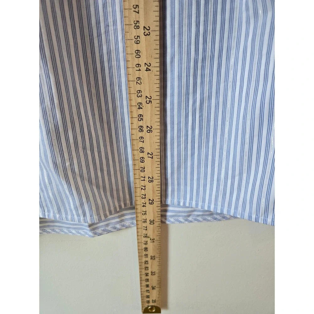 Lafayette 148 New York Blue White Striped Metallic Cotton Button Down Shirt M - Picture 5 of 7